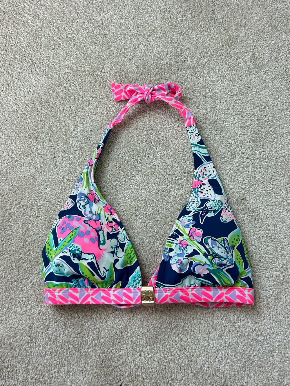 Lilly Pulitzer Navy Floral Halter Bikini Top with Pink Trim